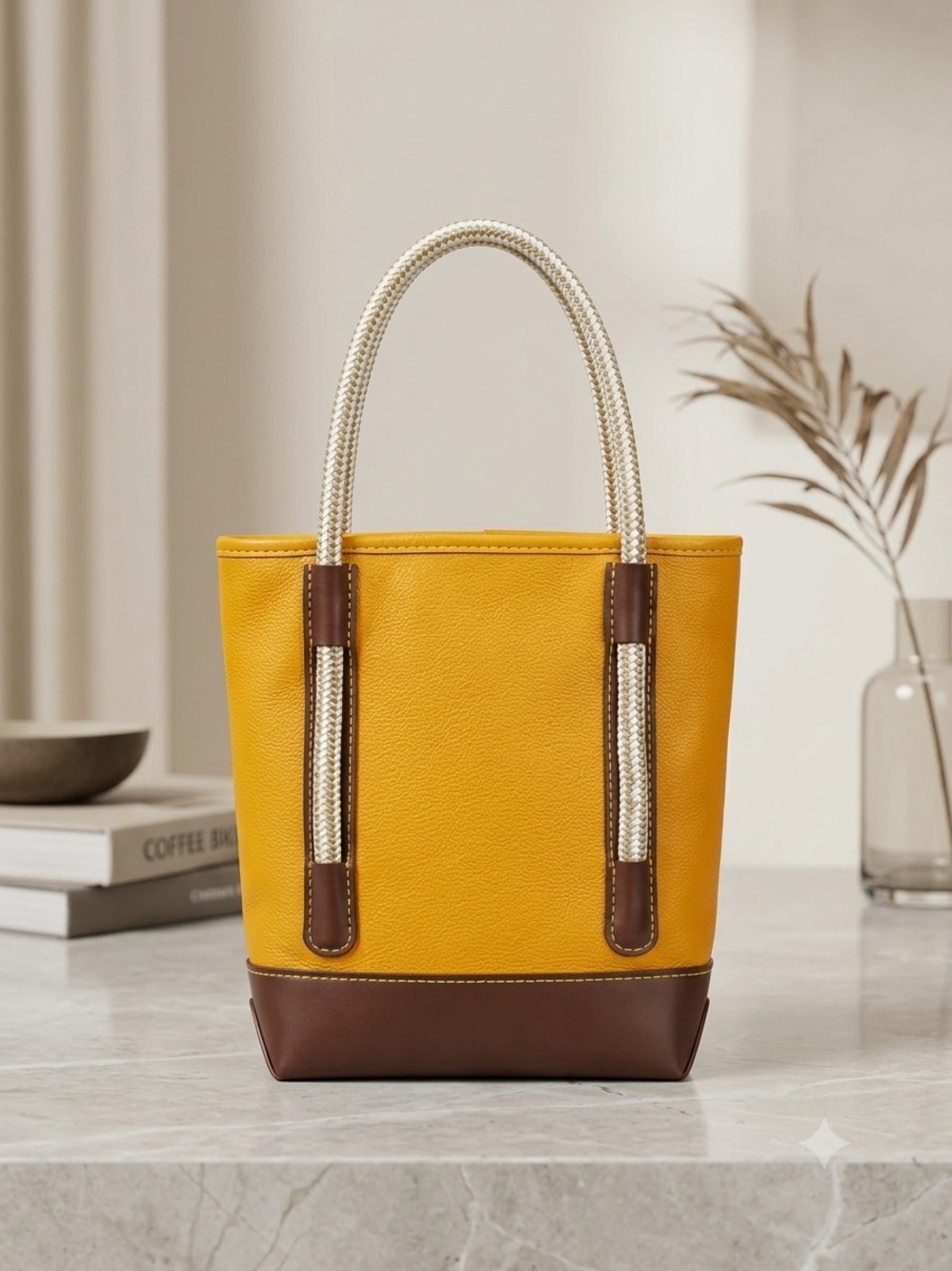 Classic Yellow Tote Bag with Brown Trim